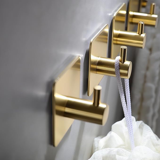 YIGII Adhesive Hooks, 4 Pack Stainless Steel Towel Hooks Heavy Duty, Sticky Wall Hook for Hanging Robe, Coat, Clothes, Waterproof (Gold)