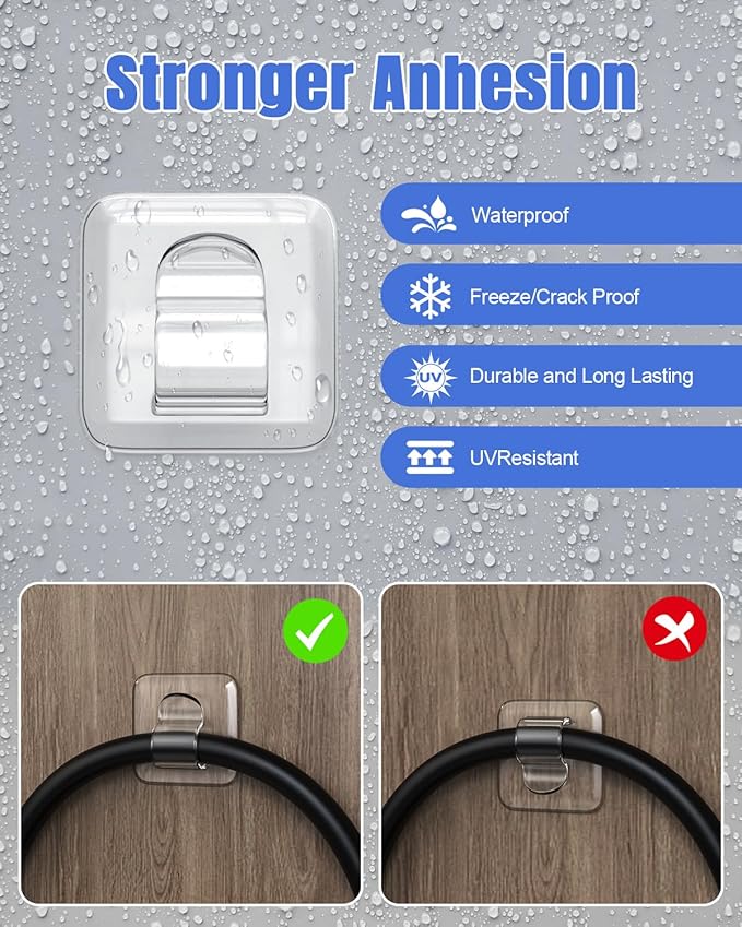 Hooks for Outdoor String Lights Clips: 50 Pack Square Clear Large Heavy Duty Light Hook Waterproof Adhesive Strips - Outside Hanging Rope Light Cable Cord Holders Organizer