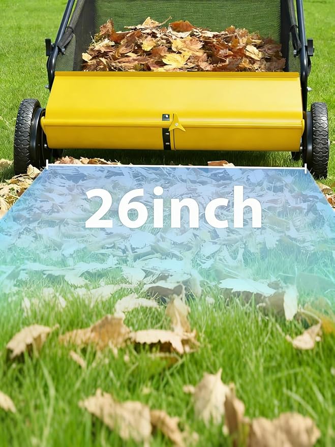 Push Lawn Sweeper, 26 Inch Extra-Wide 4-Brush System, 7 cu.ft. Mesh Bag, Heavy Duty Steel Frame, Height-Adjustable Yard & Garden Cleaner for Leaves and Grass, Yellow