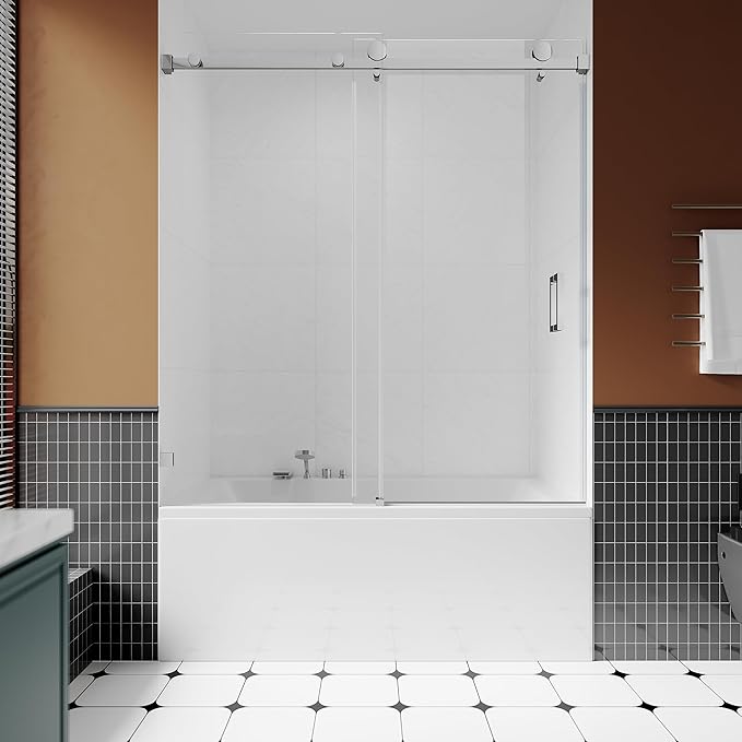 3/8" (10mm) Sliding Glass Shower Door for Bathtub, 56-60" W x 66" H Frameless Bathroom Door with Easy-Cleaning Coating,Bright Chrome