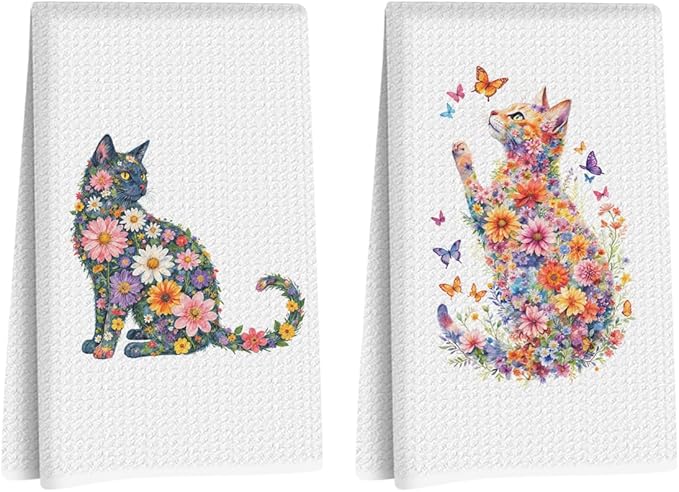 Hanamiya Na 2 Pcs Flower Cat Kitchen Towels, Floral Cat Hand Towel for Bathroom Decor, Kitten Dish Tea Towel for Kitchen Home Bathroom Decor, Pet Gifts for Kitten Lovers Women Girls, 24x14 Inch