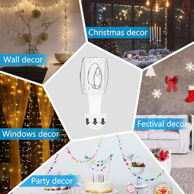 Ainiv 6-Pack Large Light Hooks with Adhesive Strips, Clear Wall Clips for Indoor/Outdoor Hanging Lights & Cables, 36 Clips & 36 Strips