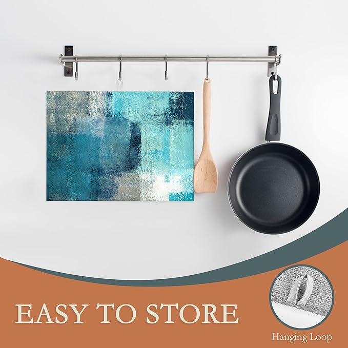 Teal Grey Abstract Art Dish Drying Mat, Drying Rack Pad Countertop Dishes Ultra Absorbent Microfiber Kitchen Counter Mat for Coffee Countertop Decor 18x24 Inch