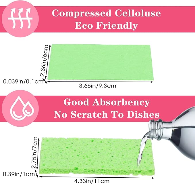 Sibba 16Pcs Cellulose Kitchen Sponges, 6 Color Compressed Cleaning Sponges, Natural Wood Pulp Non-Scratch Dish Sponge for Household Kitchen Bathroom, Dishwasher Safe, Durable & Reusable