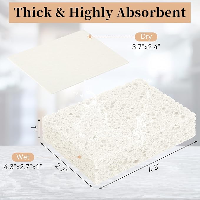 6 Pcs Kitchen Sponges for Dishes Cleaning, Non Scratch for Non Stick Cookware, Compressed Natural Cellulose Sponges, Dish Washing Scrubbers, Scrubbing Pads for Household, Bathroom (White)