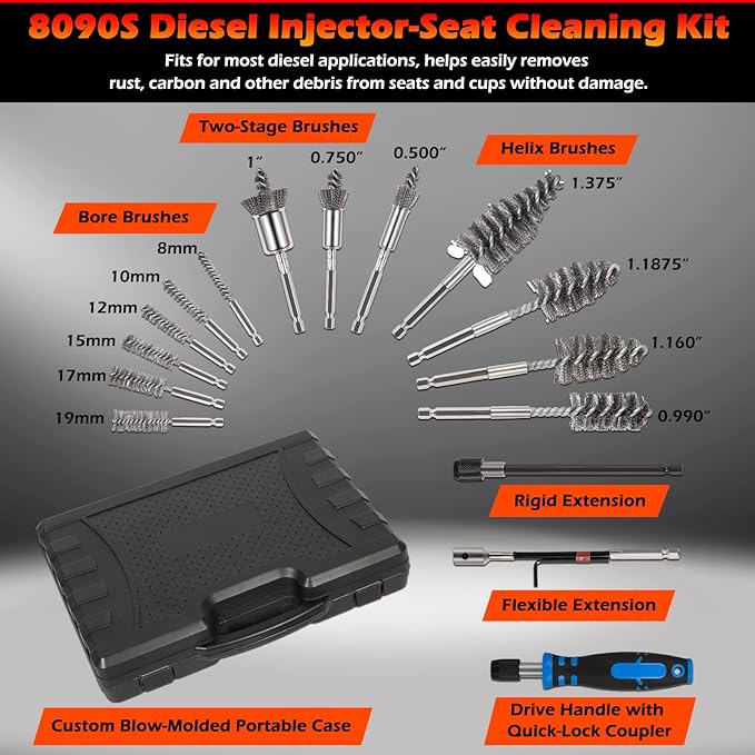 Professional Diesel Injector-Seat Cleaning Kit 8090S on Cylinder Heads, Including Helix Brushes, Two-Stage Brushes, Bore Brushes and Swabs (Stainless Steel, 17-Pack)
