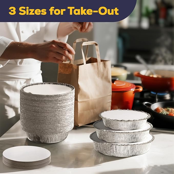Fit Meal Prep 45 Pack 9” Round Aluminum Foil Pans with Lids, Pie Tins Disposable 9 inch with Lids, Take Out Containers, Freezer Oven Safe Aluminum Baking Pans for Storing, Cooking, Storage, Reheating