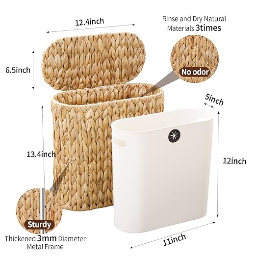 Wicker Bathroom Trash Can with Lid,Narrow Rattan Waste Basket with Removable Liner Bucket,Slim Woven Water Hyacinth Garbage Can for Bedroom,Office,Small Spaces,3 Gallon