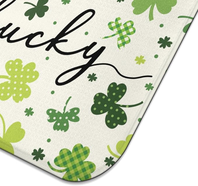 St. Patrick's Day Dish Drying Mat for Kitchen Counter, Green Four-Leaf Clover Microfiber Drain Mat, Shamrock Rug, Washable and Absorbent,16 x 18Inch