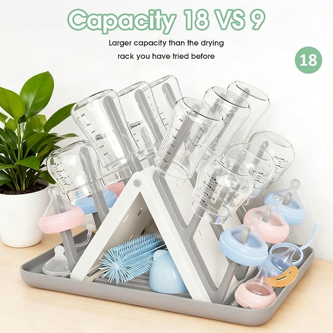 Large Baby Bottle Drying Rack, Space Saving 18 Hooks Slope Travel Bottle Dryer with Removable Drip Tray, Countertop Holder Organizer for Bottles & Baby Brushes Pacifiers and Pump Part-BPA Free