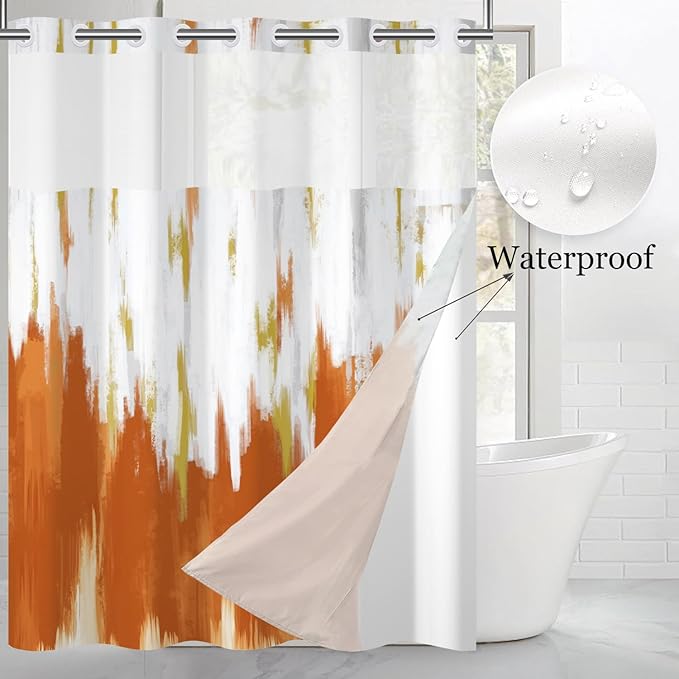 No Hook Shower Curtain with Snap in Liner, Hotel Style Burnt Orange White Gold Brush Strokes Art Modern Shower Curtain Waterpoof Washable with See Through Top Window,71"x71"