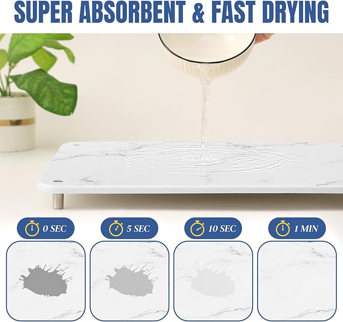 Stone Drying Mat for Kitchen Counter with Non-Slip Stainless Steel Feet, Quick Drying Diatomaceous Dish Racks for Dishes, Bottles and more, 15.7"(L)×11.8"(W), Ivory Marble