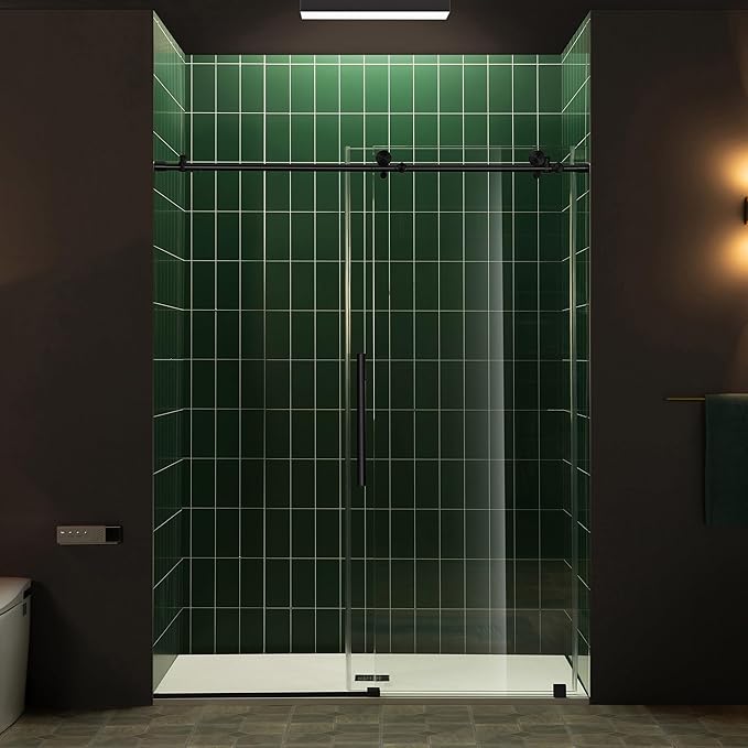 Woodbridge 57.5-60" W x 80" H Frameless Single Sliding Soft-Close Shower Door with Tempered Glass & Explosion Proof Film in Matte Black Finish