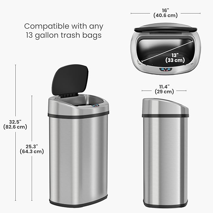 iTouchless 50 Liter / 13 Gallon Stainless Steel Kitchen Trash Can with Sensor 2.0 Tech Touchless Lid and AbsorbX Odor Filter, Oval Slim Space-Saving Automatic Garbage Bin for Home, Office, Business