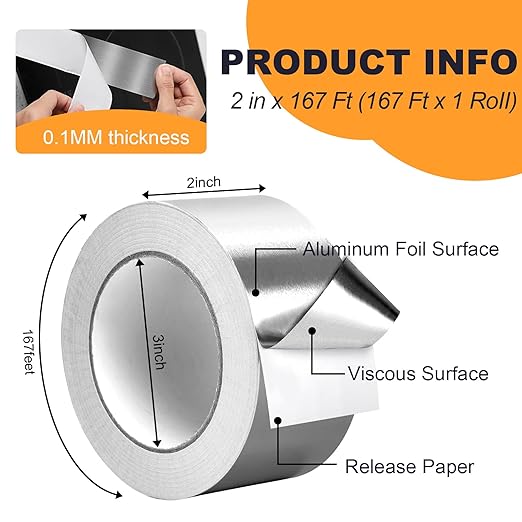 DGSL Aluminum Foil Tape, 2in x167ft(3.9 mil) Silver Metal High Temperature Heavy Duty HVAC Tape for Ductwork, Sealing, Patching, HVAC