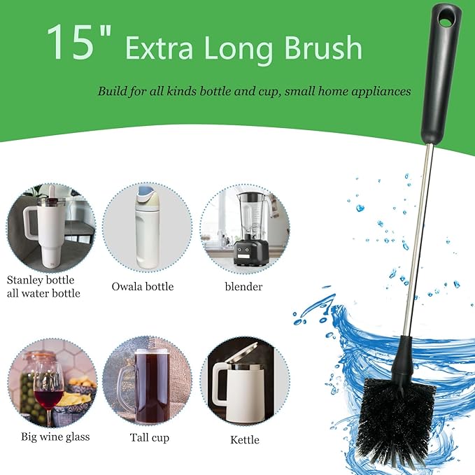 3 Pack Bottle Brush, 15 Inches Long Handle Water Bottle Cleaner Brush Set, Stainless Steel Cleaning Brushes with Straw Brush & Lid Cleaner for Sports Water Bottles, Baby Bottles, Mugs, Cups, Glassware