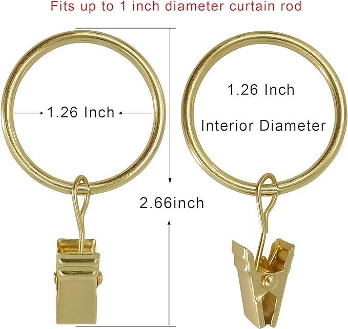 40 Pack Curtain Rings with Clips, Drapery Clips with Rings, Drapes Rings 1.26 in Interior Diameter, Fits up to 1 in Curtain Rod, Gold Color