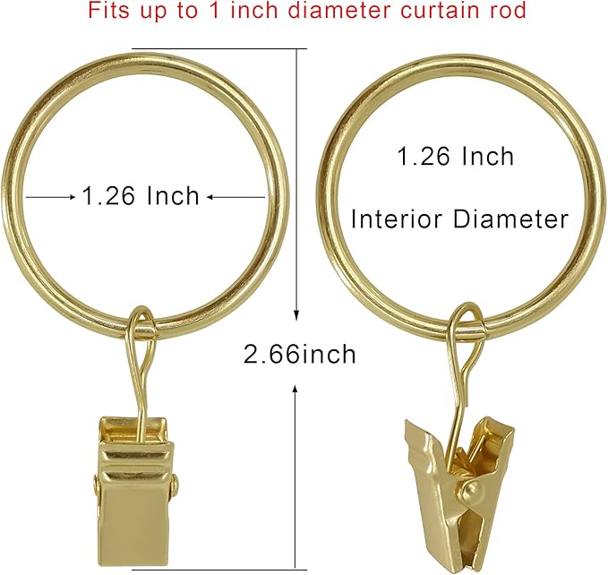 90 Pack Curtain Rings with Clips, Drapery Clips with Rings, Drapes Rings 1.26 in Interior Diameter, Fits up to 1 in Curtain Rod, Gold Color