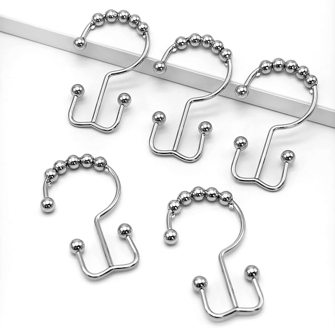 Shower Curtain Hooks,12 Pcs Rustproof Metal Shower Curtain Rings,Free Sliding Double Shower Hooks for Shower Curtain & Liners,Shower Curtain Hangers for Bathroom Shower Curtain Rods Curtains (Silver)