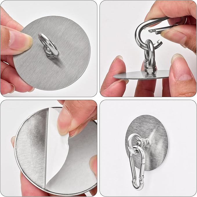 4 Pcs Self Adhesive Ceiling Hook Stainless Steel Pad Eye Hooks Nail-Free Wall Hook for Kitchen Bathroom Living Room Ceiling