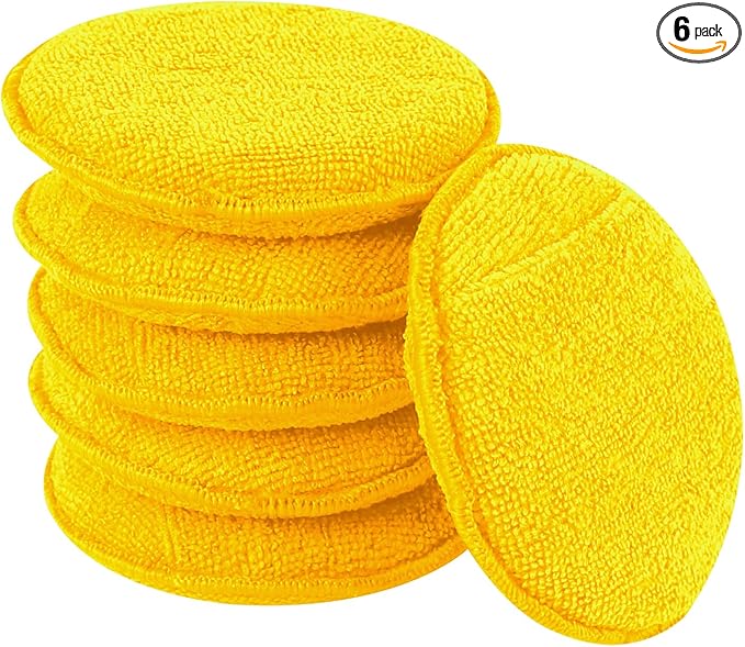 Hovom 6PCS Microfiber Wax Applicator, 5" Round Applicator Pads, Soft Automotive Waxing Foam Pads, Buffing Pads for Car Cleaning, Polishing and Detailing, Reusable Car Wash Sponge (Yellow)