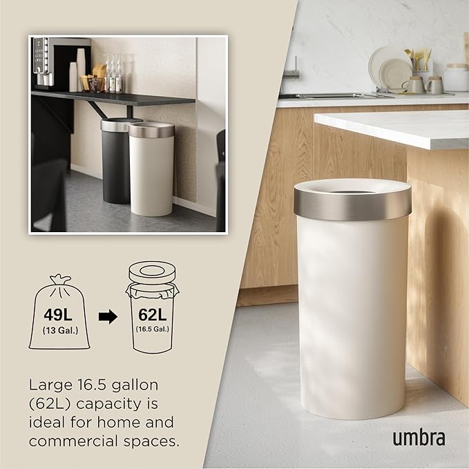 Umbra Vento Kitchen Trash Can with Open Top, Large 16-Gallon (62 L) Capacity, Sand,Polypropylene