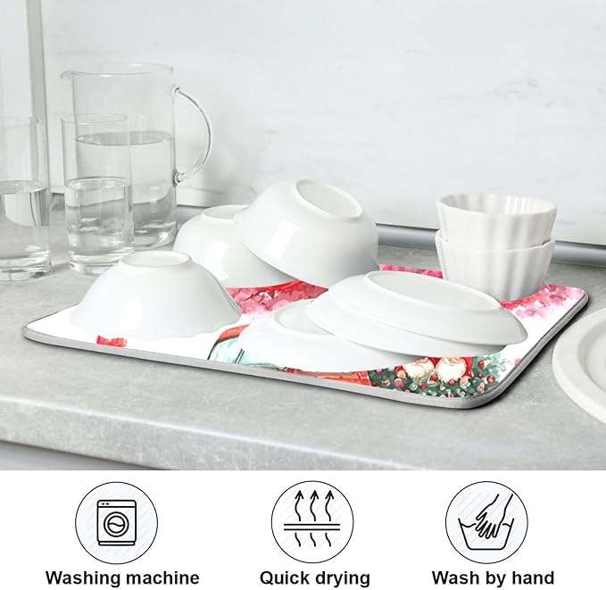 Valentine’s Day Love Tree Dish Drying Mat for Kitchen Countertop 16x18 Happy Valentines Day Gnomes White Small Drying Mat Reusable Quick Dry Dish Sink Mats Easy Clean Decorative Essentials