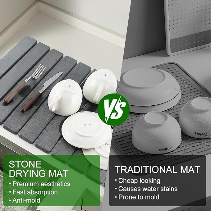 Stone Dish Drying Mat for Kitchen Counter | Diatomaceous Earth Water Absorbing Large Dry Mats 24"×16" Gray