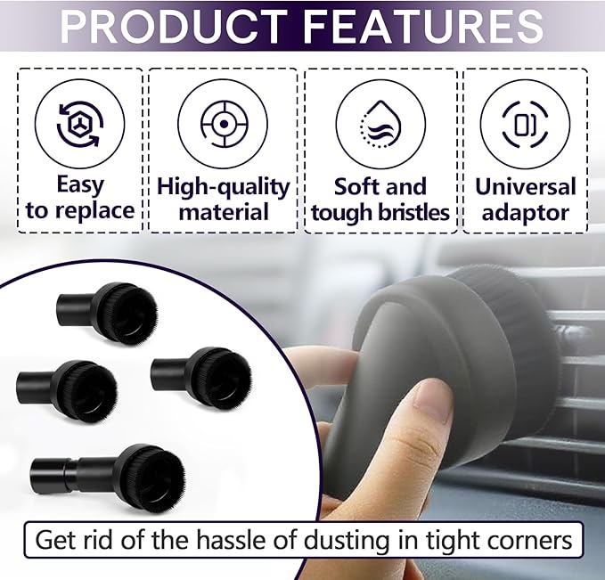 5PCS Fiber Brush Vacuum Attachment Set - Black Round Vacuum Attachments & Brushes - Shop Vac Brush Attachment for Most Vacuum Cleaners Accessories - 1 1/4" Vacuum Attachments Included