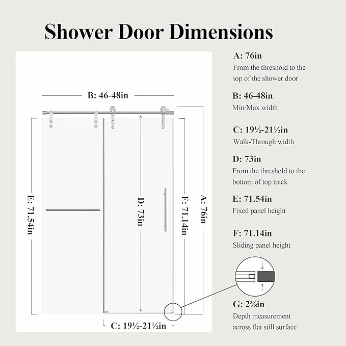 46-48" W x 76" H Frameless Sliding Shower Door, Safety Bathroom Single Sliding Glass Doors with 5/16" (8mm) SGCC Tempered Glass, Stainless Steel Towel Rail and Auxiliary Handle, Brushed Nickel