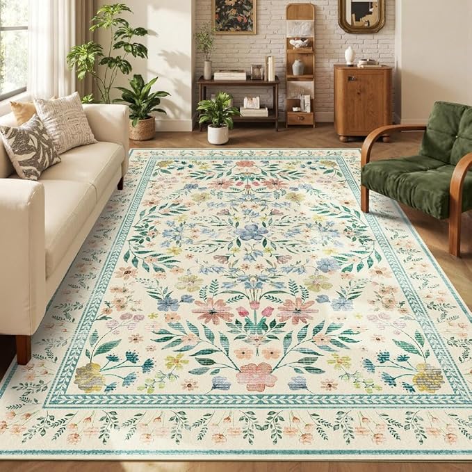 Floral Rug for Living Room Bedroom, 5x7 Washable Rug, Green Vintage Boho Area Rug, Large Non Slip Low Pile Wool Carpet for Indoor Dining Room,Girls Room,Nursery Room and Kids Room(Green 5x7ft)