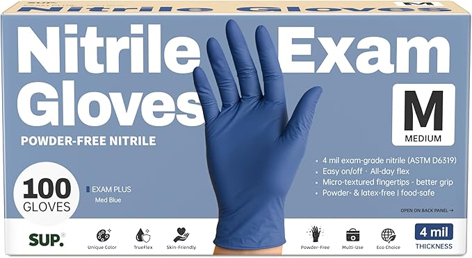 SUP Powder-Free Nitrile Exam Gloves, 100 Count Food Safe Latex-Free Medical Non-Sterile Cooking Disposable Glove, Blue