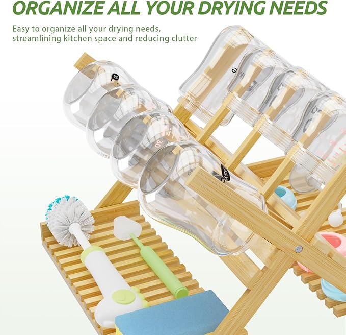 DSVENROLY Baby Bottle Drying Rack Foldable Vertical Bamboo Milk Bottle and Accessories Organizer for Busy Parents, Maximizes Space, Quick Drying, Easy Cleanup & Storage (Bamboo)