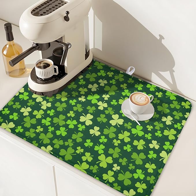 St. Patrick's Day Dish Drying Mat for Kitchen Counter,Irish Green Shamrocks Clover Leaves Drying Mat 18 x 24 Inch with Absorbent Reversible Microfiber Dish Drying Pad for Coffee Bar