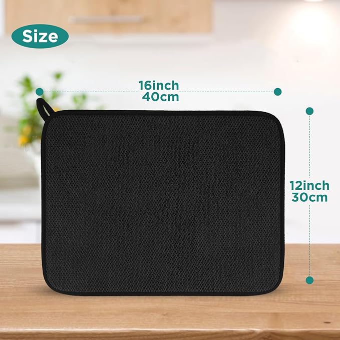 Microfiber Dish Drying Mat, Super Absorbent Kitchen Dish Drying Pad, Reversible for Countertop, 12*16 inch Black