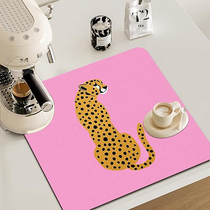 Preppy Dish Drying Mat - Hot Pink Preppy Leopard Absorbent Dish Drying Mat for Kitchen Counter, Coffee Bar Mat, Coffee Maker Mat for Countertops, Dish Rack Drainer Mat, 16x17.5 Inch