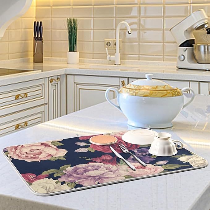 Tarity Blue Waves And Whale Dish Drying Mat for Kitchen Counter Absorbent Heat Resistant Microfiber Dishes Drainer Mat 18x24 in Large Dish Pad Sink Mat Protective Pad Kitchen Decor