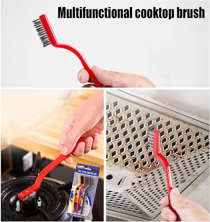 5Pcs Kitchen Stove Cleaning Brush + Scraper Tool Set, Brass, Stainless Steel and Nylon Brush Head Brushes for Range Hood Grease Grime, Heavy Duty Scraper for Gas Burners Cooktop Pot Pan