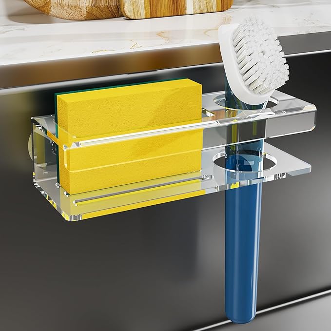 NiHome Acrylic Sponge Holder for Kitchen Sink, Compatible with Scrub Daddy Holder, Sink Caddy Kitchen Organizer with Suction Cups & Adhesive Mounting for Sponge, Soap, Dish Brush, Scrubber