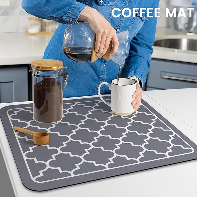 WISELIFE Dish Drying Mat Super Absorbent Drying Mat Large Dish Drying Mats for Kitchen Counter Easy Clean Dish Mat Kitchen Drying Mat15"x 18" Stylish Grey