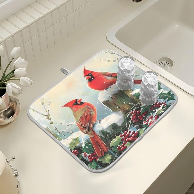 Winter Birds Snowflakes Berry Dish Drying Mat for Kitchen Counter Absorbent Microfiber Large Christmas Drying Pad Dish Mats for Kitchen Countertops 18 x 24 Inch