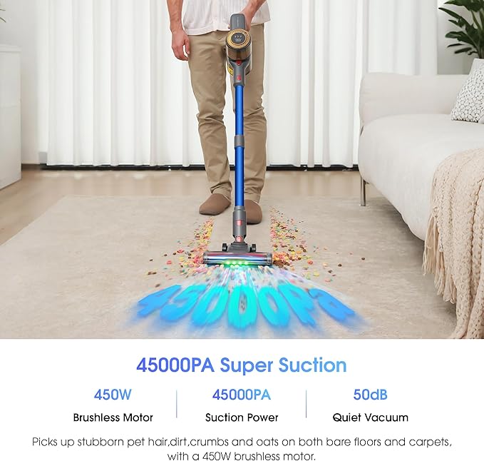UNINELL HOME Cordless Vacuum Cleaner, 45,000Pa/450W Stick Vacuum Cleaners for Home, 60 Mins Runtime, Self-Standing, Detachable Battery, Anti-Tangle Brush, Lightweight Wireless Vacuum for Pet Hair