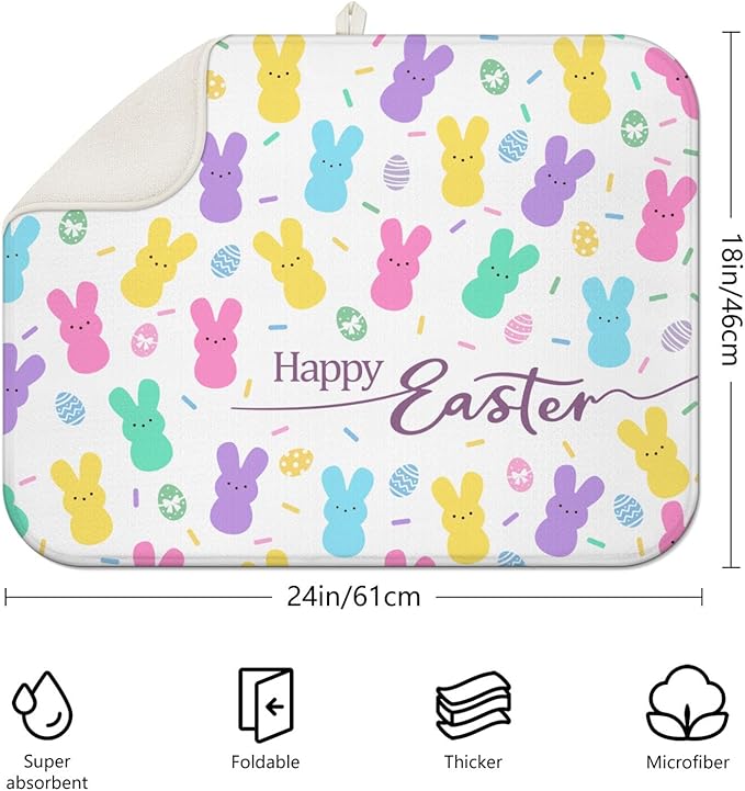Happy Easter Dish Drying Mat for Kitchen Counter,Cute Bunny Microfiber Drying Mat,Washable Absorbent Kitchen Countertop Dish Mat Drain Pad 18×24 Inch