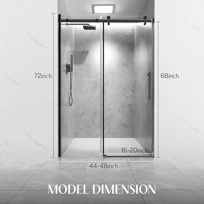 Shower Door Frameless 44-48'' W x 72'' H, Sliding Glass Door, 5/16 inch (8mm) Thickness Clear Tempered Glass for Walk-in Shower, Matte Black