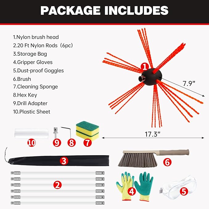 20 Feet Chimney Sweep Kit, Chrome Button Locking System, Chimney Cleaning Kit, Chimney Brush, Chimney Cleaning Tool, Chimney Cleaning System with 6 Flexible Chimney Rods