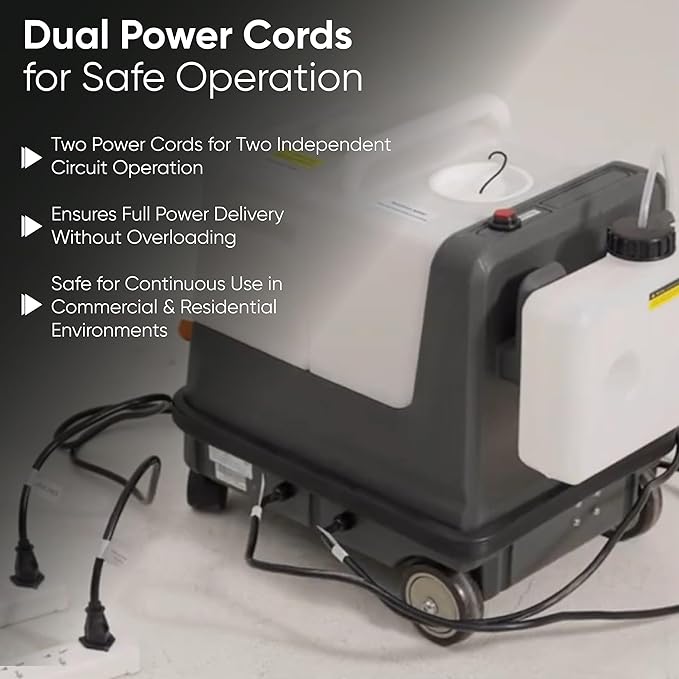 Dapper Commercial Carpet and Upholstery Extractor Cleaning Machine with Steam, Spray-Vacuum, & Mite Remover. 2.5 Gal Tank — Designed for Deep Cleaning. Dual Separate Circuit Power Cords