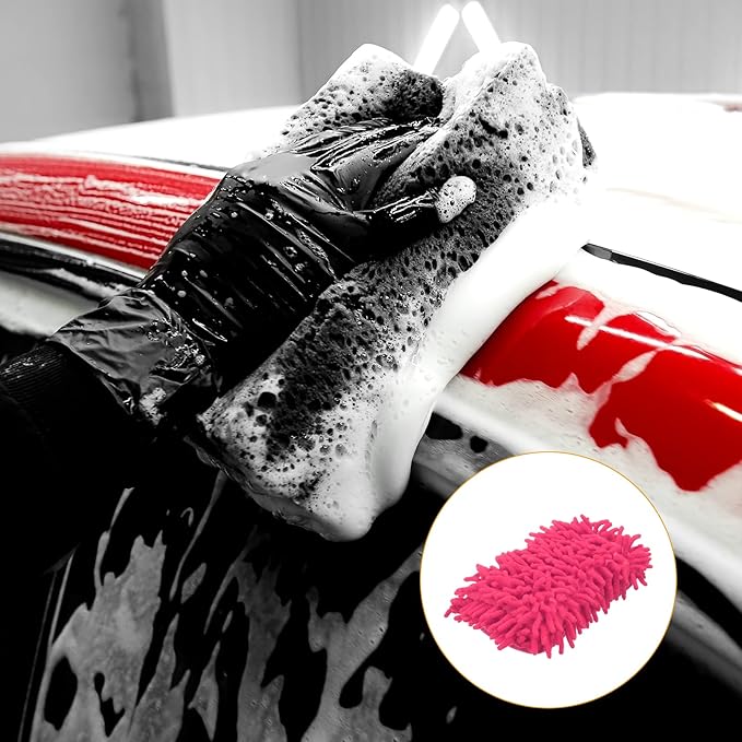 HARFINGTON Car Wash Sponge 8.7" x 4.3" Chenille Microfiber Mitt Scratch-Free Absorbent Scour Scrubber Cleaning Sponge for Washing Detailing on Cars, Trucks, SUV, Boats, RVs, Pink