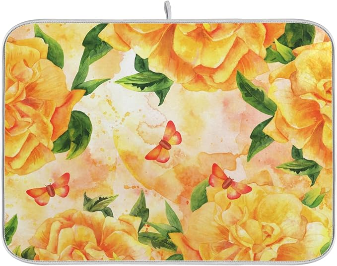 Tarity Watercolor Yellow Rose Dish Drying Mat for Kitchen Counter Absorbent Heat Resistant Microfiber Dishes Drainer Mat 18x24 in Large Dish Pad Sink Mat Protective Pad Kitchen Decor