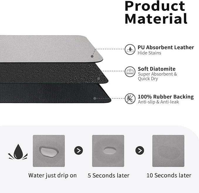 Dish Drying Mat for Kitchen Counter, Heat Resistant Drainer Mats with Non-slip Rubber Backed, Hide Stain Kitchen Super Absorbent Draining Mat, Easy to Clean Dish Rack Pad, Grey 16"x18"