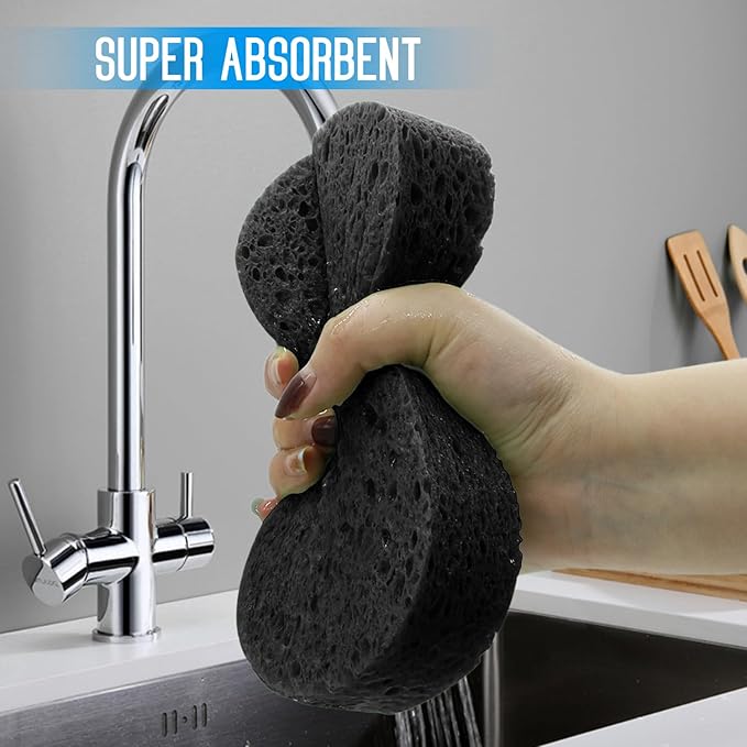 3 - Pack Large Sponge, Kitchen Sponges, Handy Sponges, Cellulose Sponges, Dish Washing Sponge, Natural Sponge, Car Washing Sponge, Eco Friendly Sponge (7.68 x 3.74 x 1.38 Inch), Black